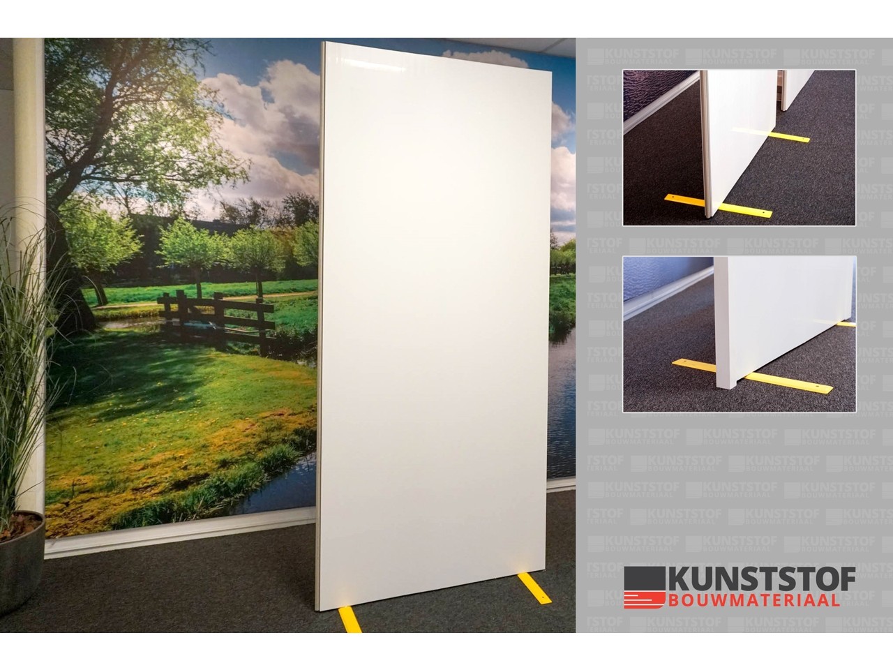 Modulaire kunststof kantoor wanden. Deze vrijstaande kunststof scheidingswand op deze afbeelding met voet opgebouwd uit kunststof scherm. De schermen van kunststof kunnen flexibel voor vele doelen worden ingezet zoals o.a. looproutes, werkplekken en wacht